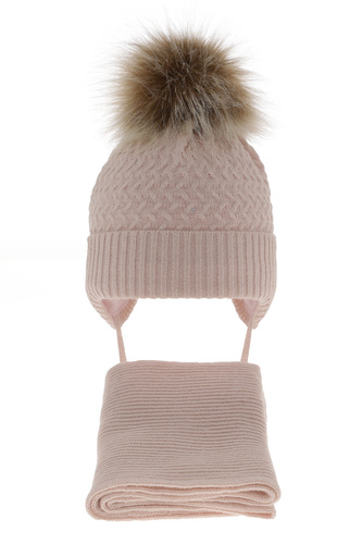 Ensemble d'hiver fille: bonnet et écharpe, rose clair, avec pompon, avec liens, Zelta