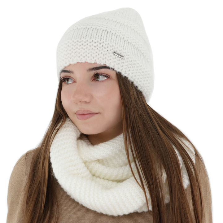 Ensemble d'hiver (bonnet et snood), crème, avec laine mérinos, Driva