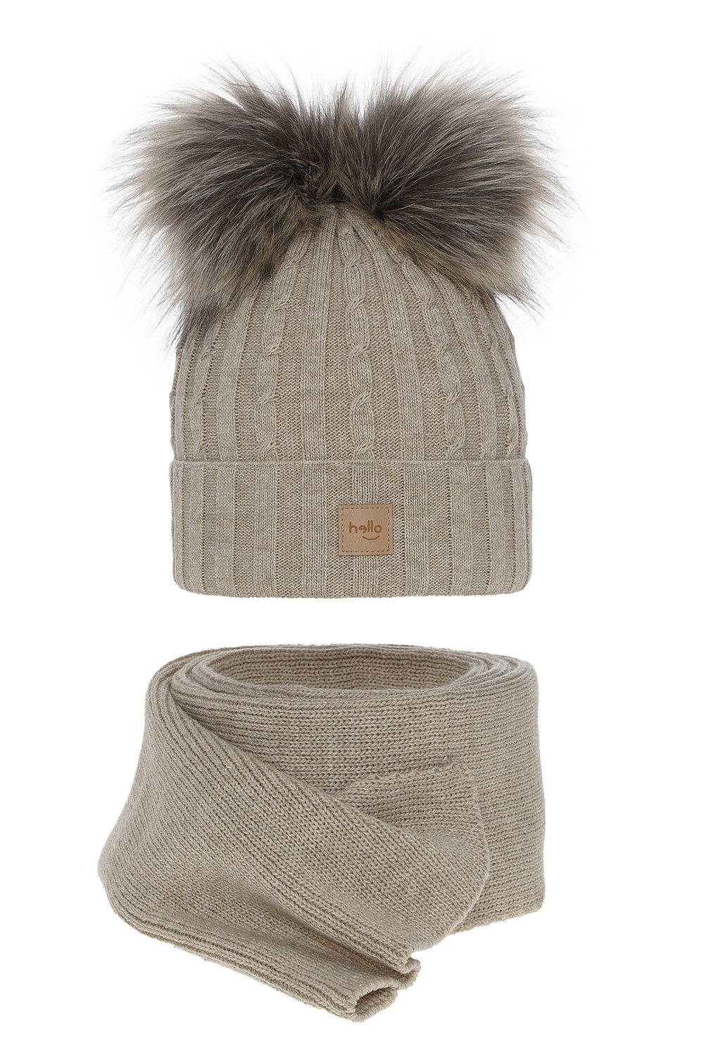Ensemble d'hiver fille: bonnet et écharpe, beige, avec deux pompons, Zenda