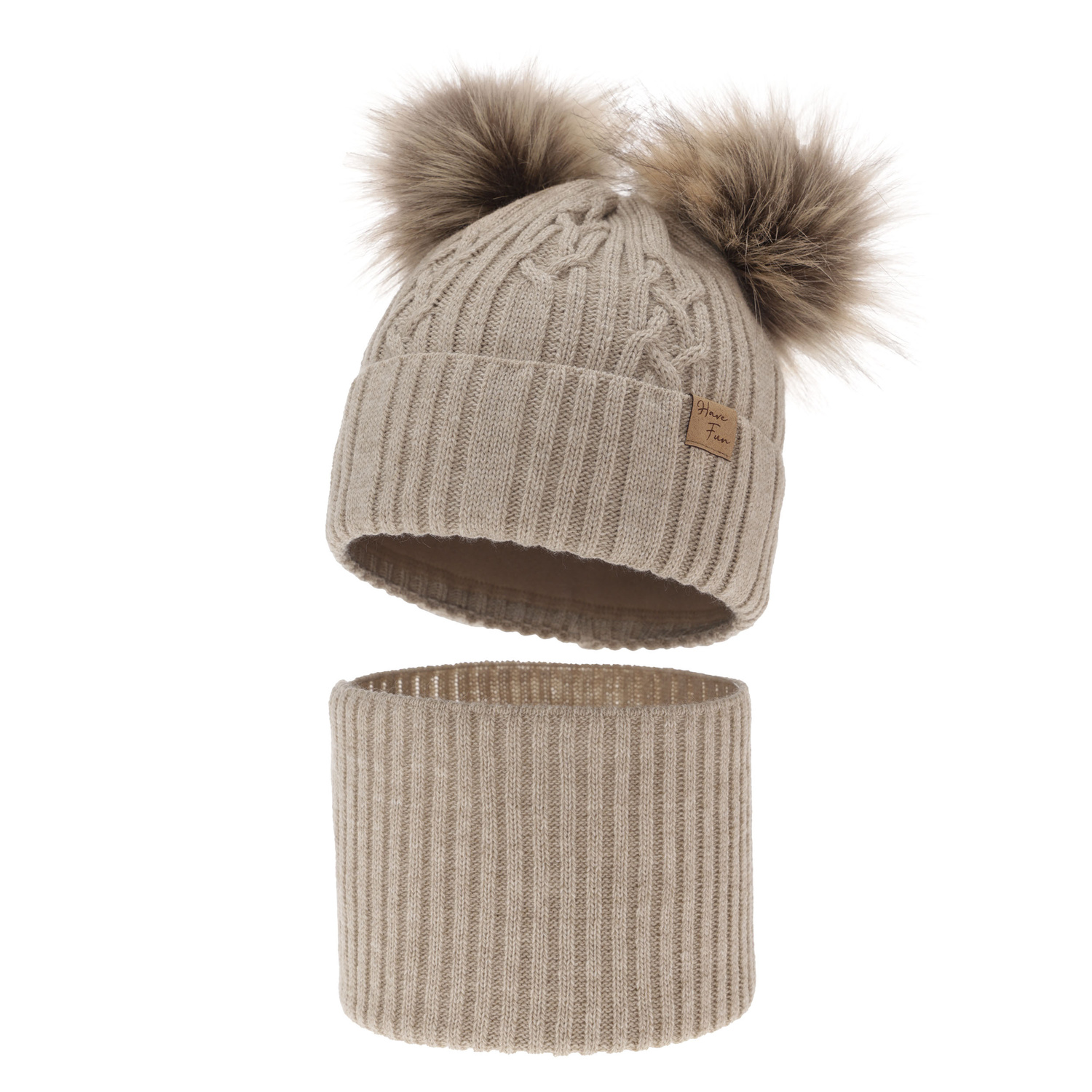 Ensemble d'hiver fille: bonnet et snood, beige, avec deux pompons, Sierra