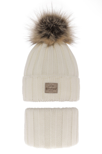 Ensemble d'hiver fille: bonnet et snood, crème, avec pompon, Kaliope