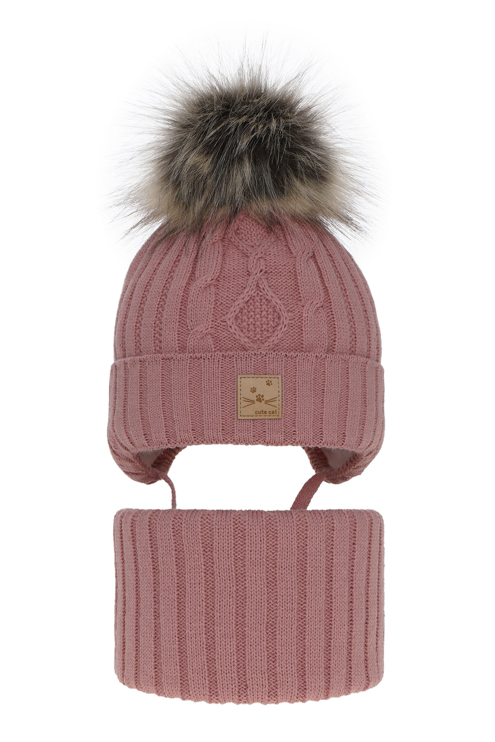 Ensemble d'hiver fille: bonnet et snood, rose, avec pompon, Aida