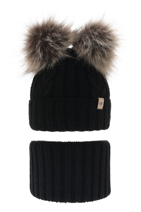 Ensemble d'hiver fille: bonnet et snood, noir, avec deux pompons, Amala