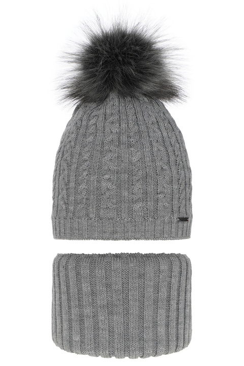 Ensemble d'hiver fille: bonnet et snood, gris, avec pompon, Rima