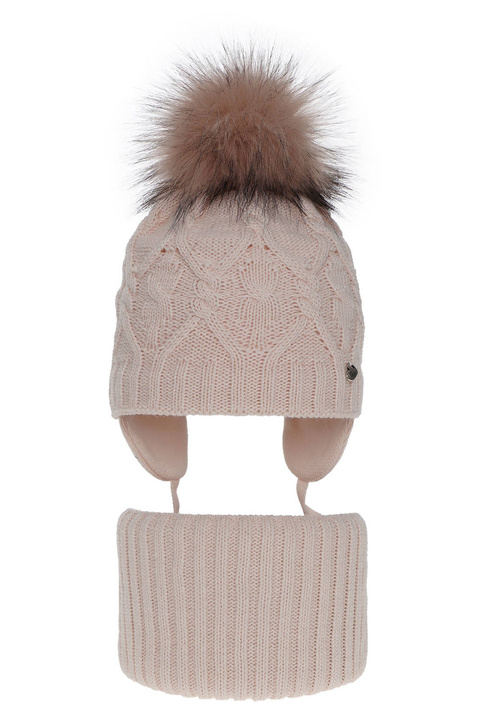 Ensemble d'hiver fille: bonnet et snood, rose, avec pompon, Elena