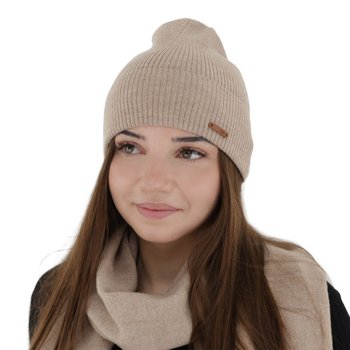 Bonnet automne/printemps femme, beige, 100% Laine Mérinos, Flerra