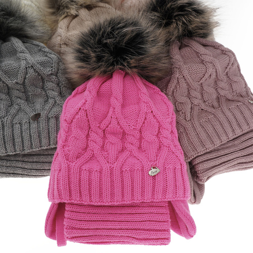 Ensemble d'hiver fille: bonnet et snood, crème, avec pompon, Elena