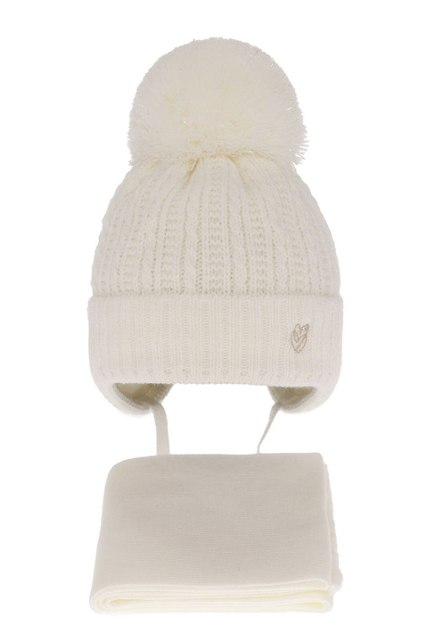 Ensemble d'hiver fille: bonnet et écharpe, crème, avec liens, avec pompon, Marisa