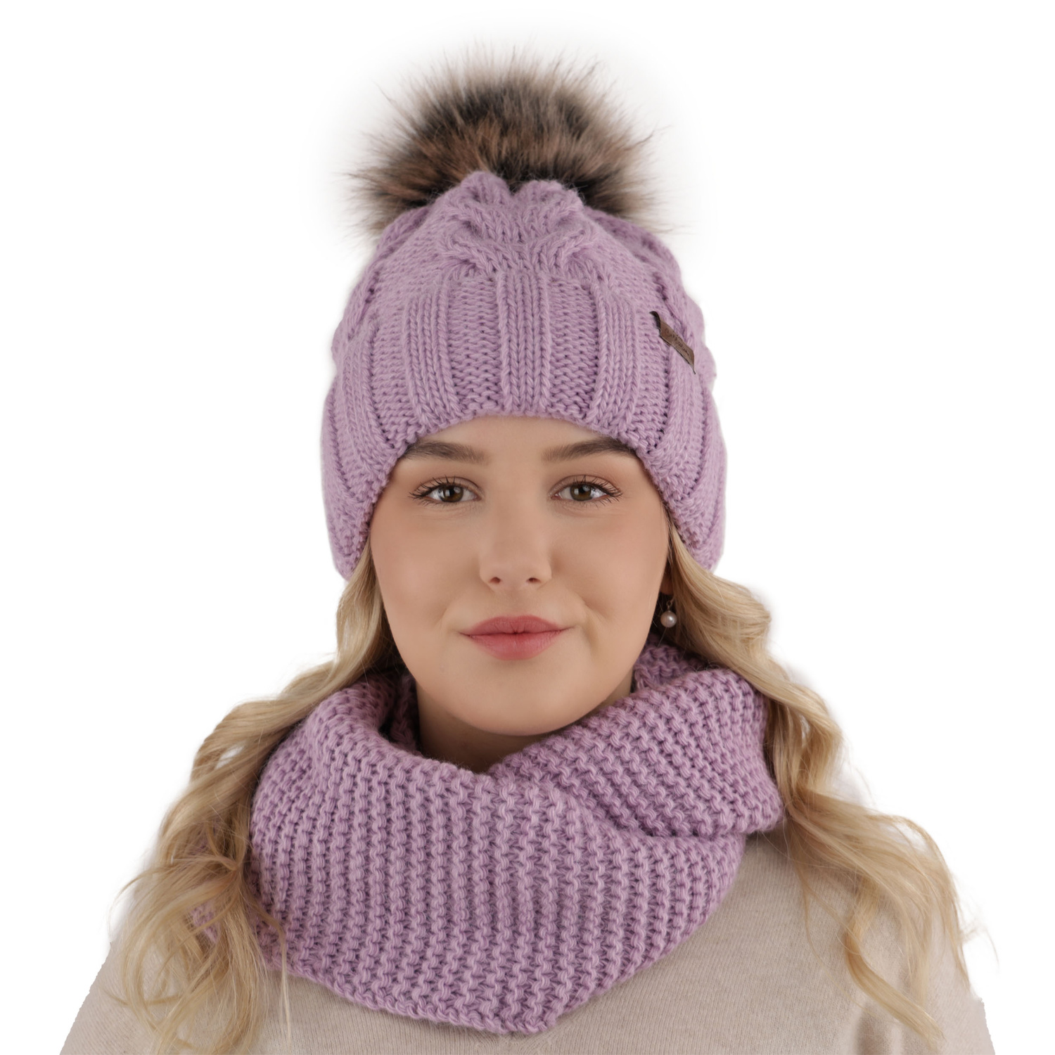 Ensemble d'hiver fille: bonnet et snood, gris, avec pompon, Torina