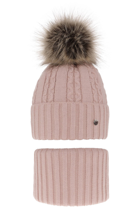 Ensemble d'hiver fille: bonnet et snood, rose, avec pompon, Felia