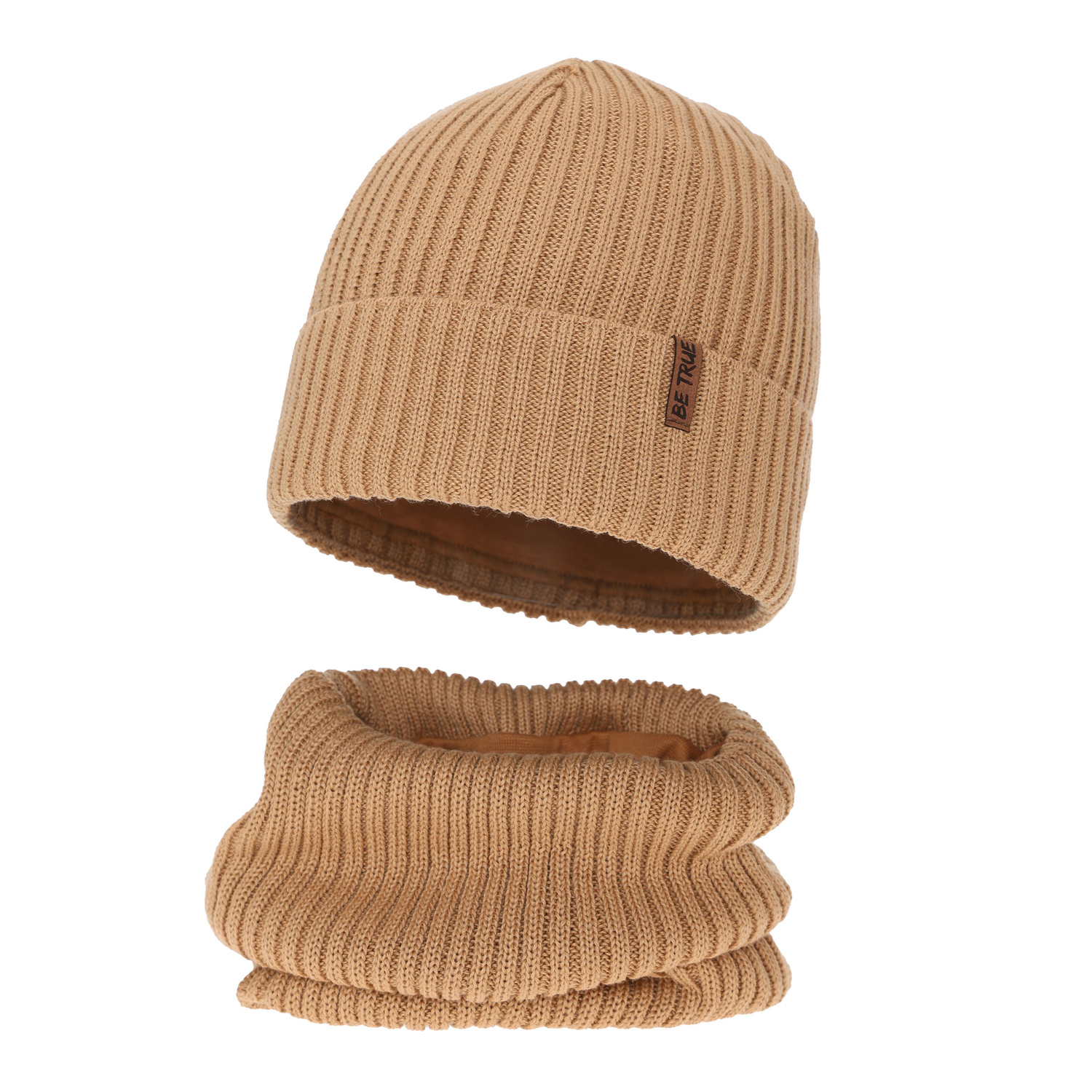 Bonnet et snood doublé de polaire garçon, d'hiver, camel, avec laine mérinos, Colton