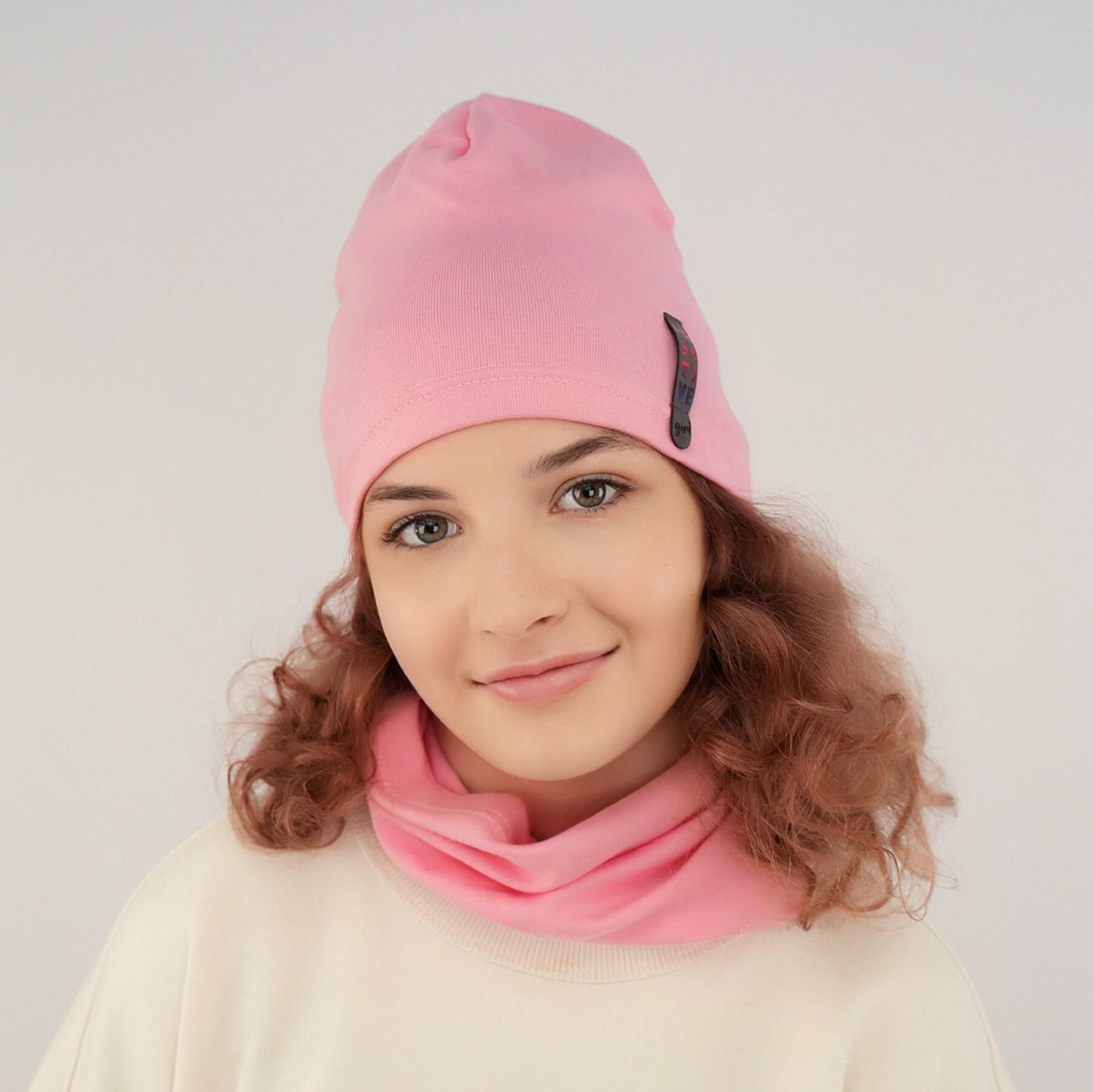 Ensemble automne/printemps fille: bonnet et snood, rose, coton, Flores