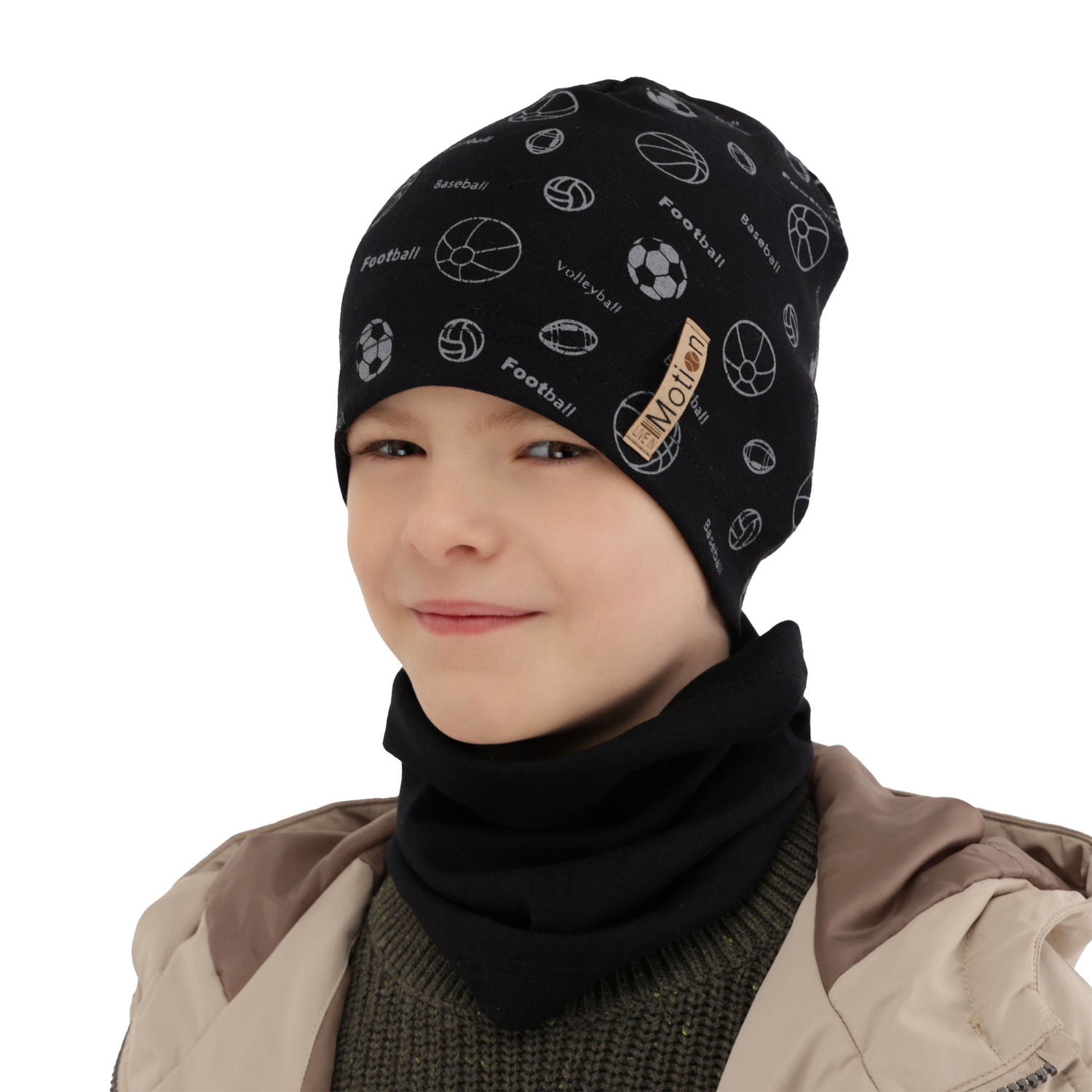 Ensemble automne/printemps garçon: bonnet et snood, noir, en coton, Paolo
