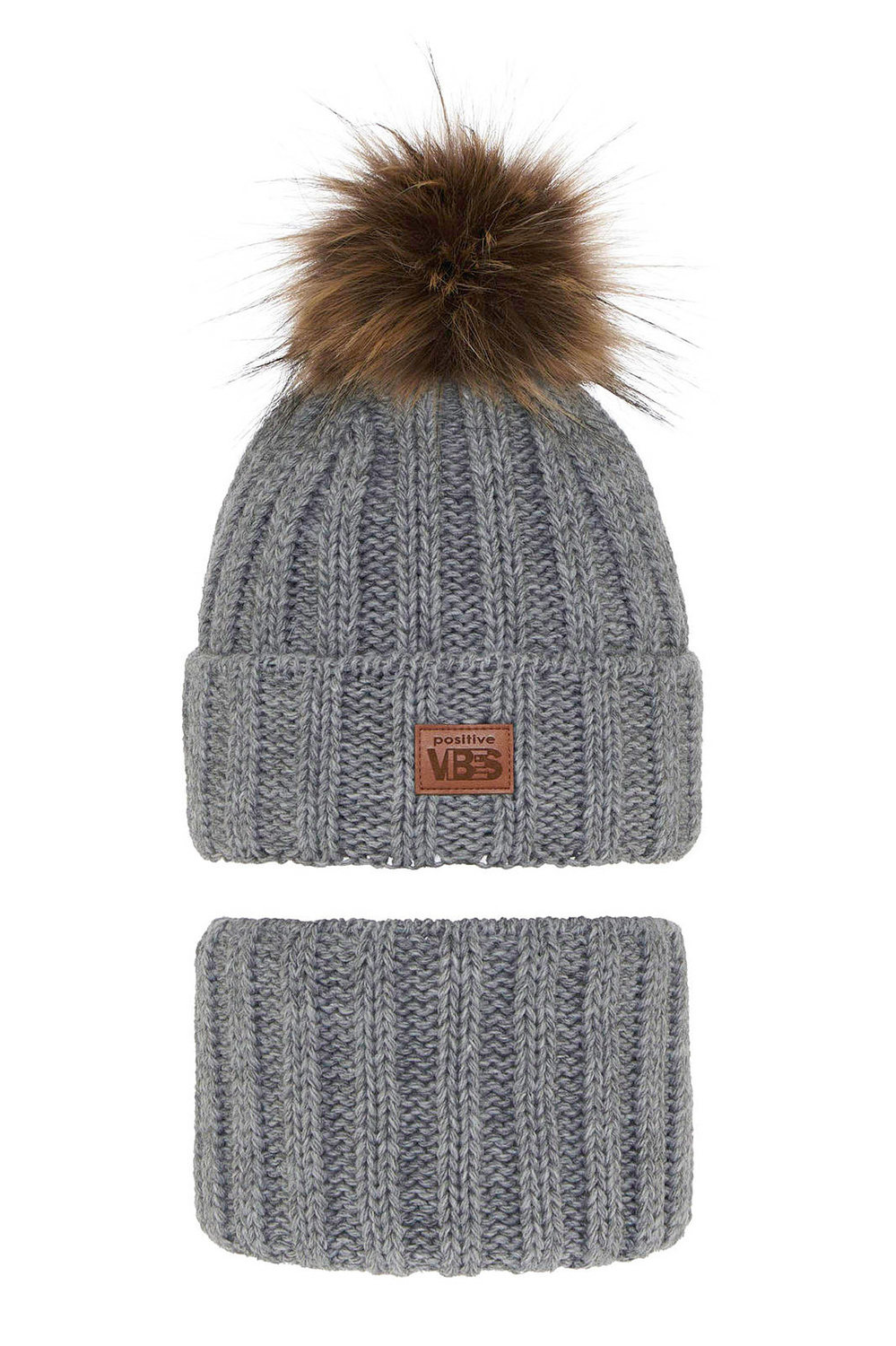Ensemble d'hiver garçon: bonnet et snood, gris, avec pompon, Remes
