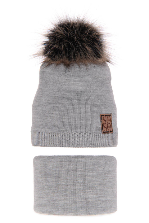 Ensemble d'hiver fille: bonnet et snood, gris, avec pompon, Apolinka