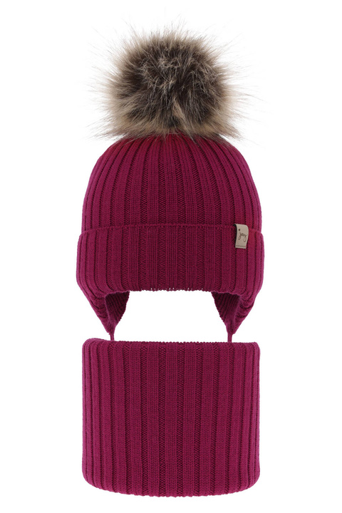 Ensemble d'hiver fille: bonnet et snood, fuchsia, avec liens, avec laine mérinos, Junika