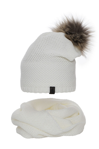 Ensemble d'hiver femme: bonnet et snood, blanc, avec pompon, Kaliana