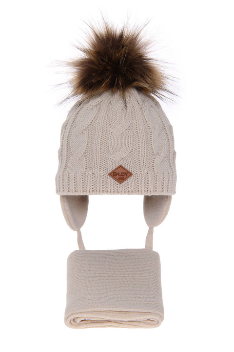 Ensemble d'hiver garçon: bonnet et écharpe, beige, avec pompon, Minor
