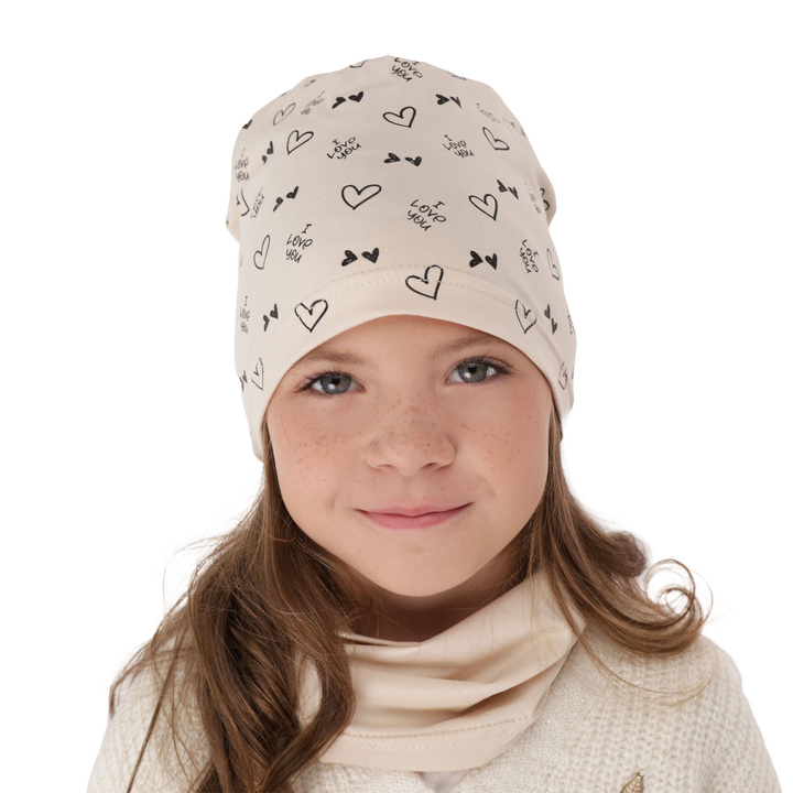 Ensemble automne/printemps fille: bonnet et snood, beige, en coton, Lovena