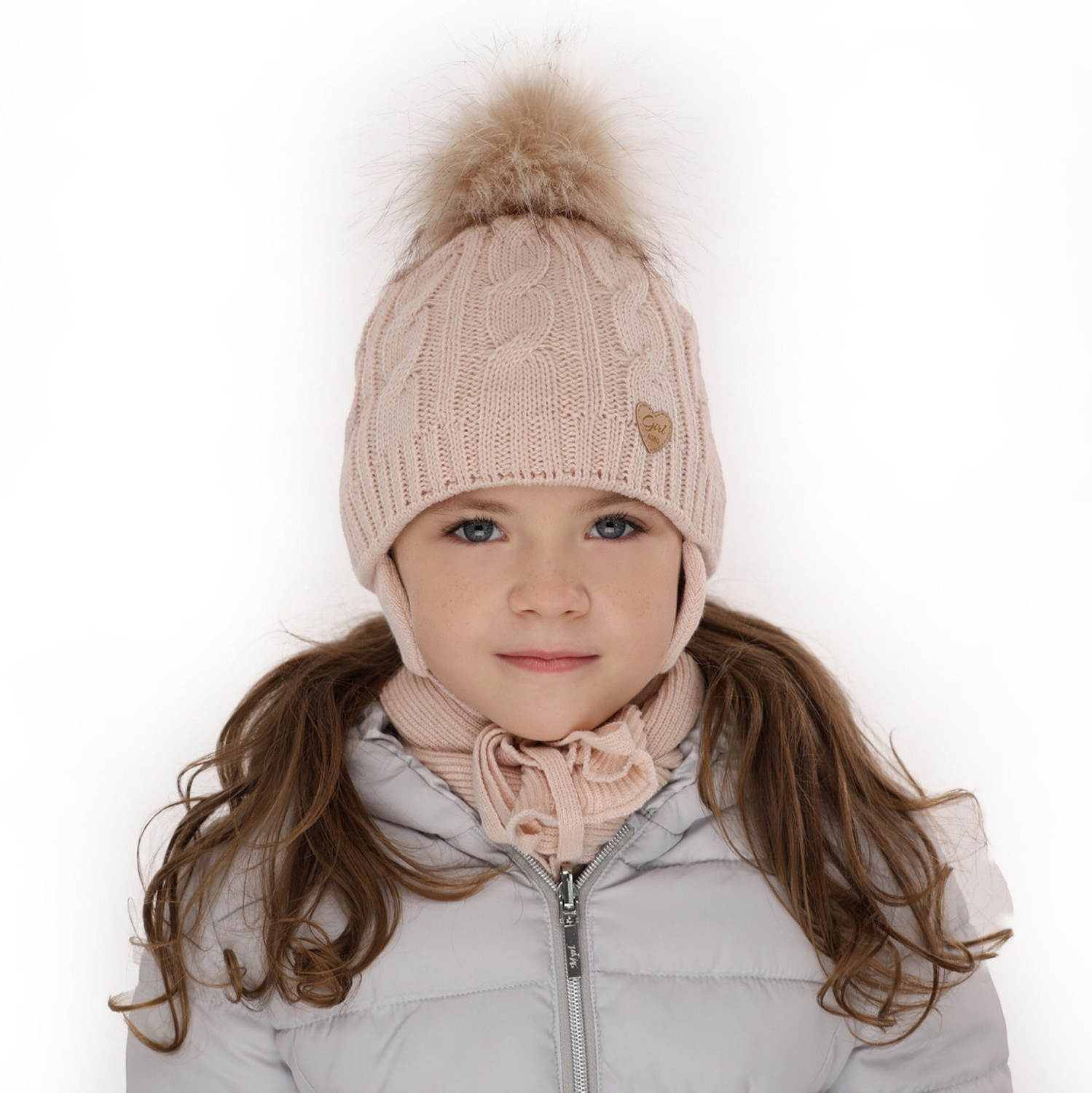 Ensemble d'hiver fille: bonnet et écharpe, rose, avec pompon, Morena