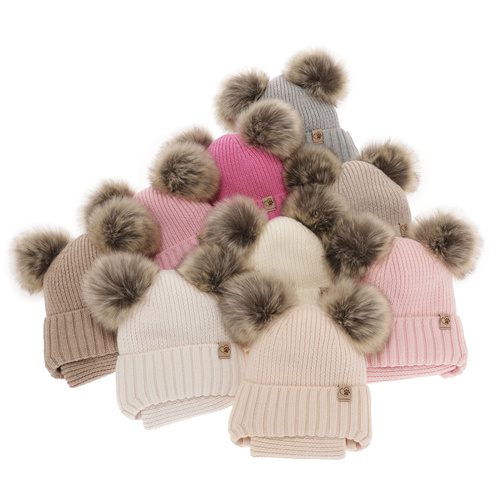 Ensemble d'hiver fille: bonnet et snood, noir, avec liens, 100% laine mérinos, avec deux pompons, Silvia