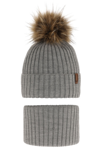Ensemble d'hiver garçon: bonnet et snood, gris clair, avec pompon, Onyks