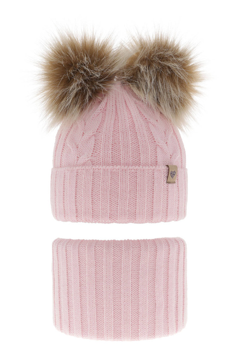 Ensemble d'hiver fille: bonnet et snood, rose, avec deux pompons, Amala