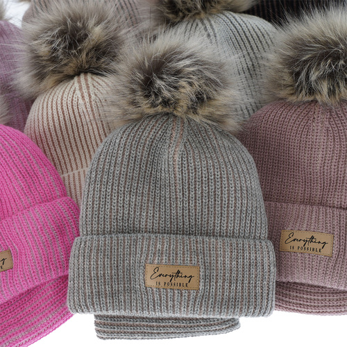 Ensemble d'hiver fille: bonnet et snood, gris, avec pompon, Floryda