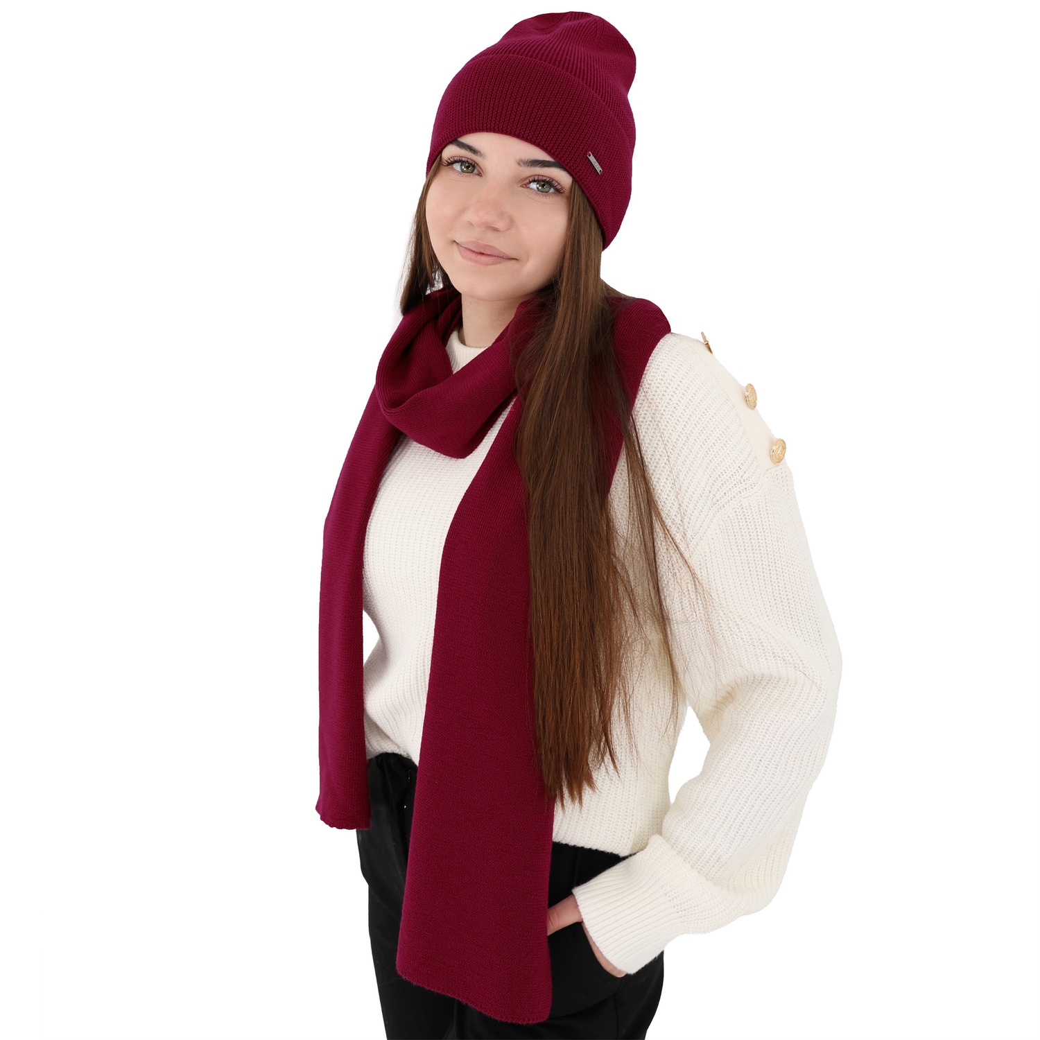 Ensemble d'hiver femme: bonnet et écharpe, beige, avec laine mérinos, Melpomena