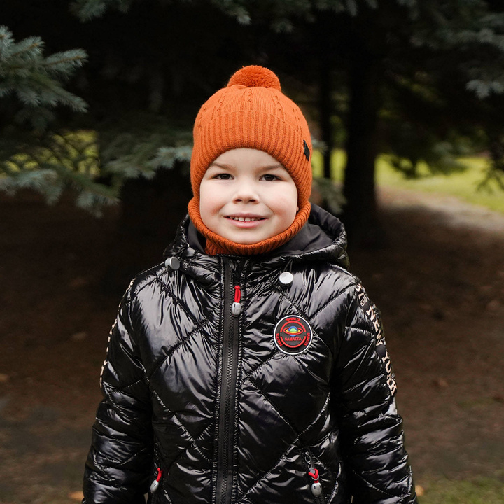 Ensemble d'hiver garçon: bonnet et écharpe, orange, avec pompon, Deny