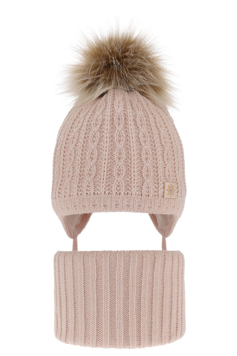 Ensemble d'hiver fille: bonnet et snood, rose clair, avec pompon, avec liens, Passa