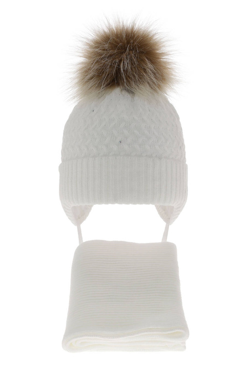 Ensemble d'hiver fille: bonnet et écharpe, blanc, avec pompon, avec liens, Zelta