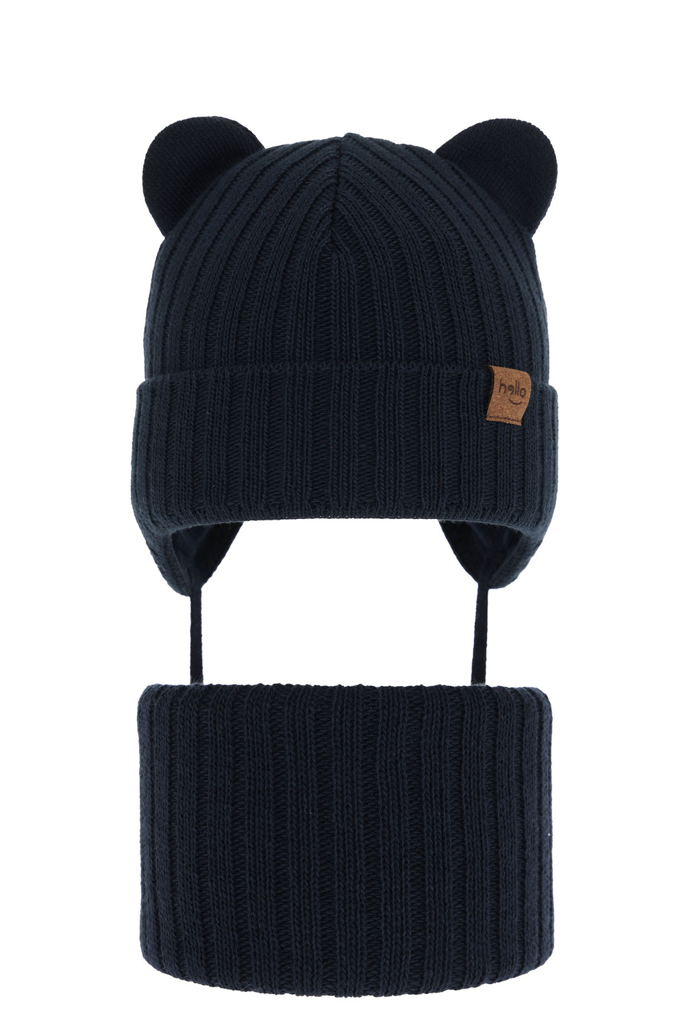Ensemble d'hiver garçon: bonnet et snood, bleu marine, avec liens, Ferven