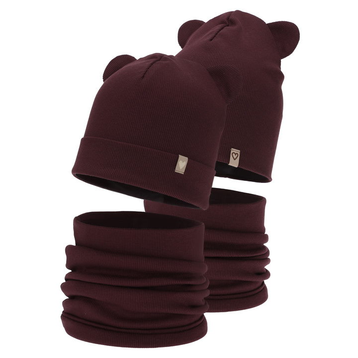 Ensemble automne/printemps fille: bonnet et snood, en coton, bordeaux, Luminia