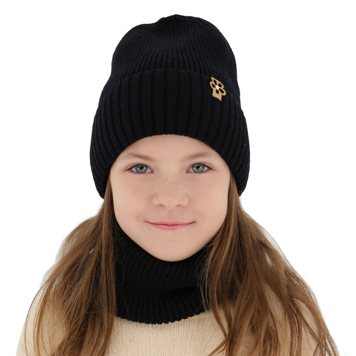 Ensemble d'hiver fille: bonnet et snood, noir, avec laine mérinos, Nelita