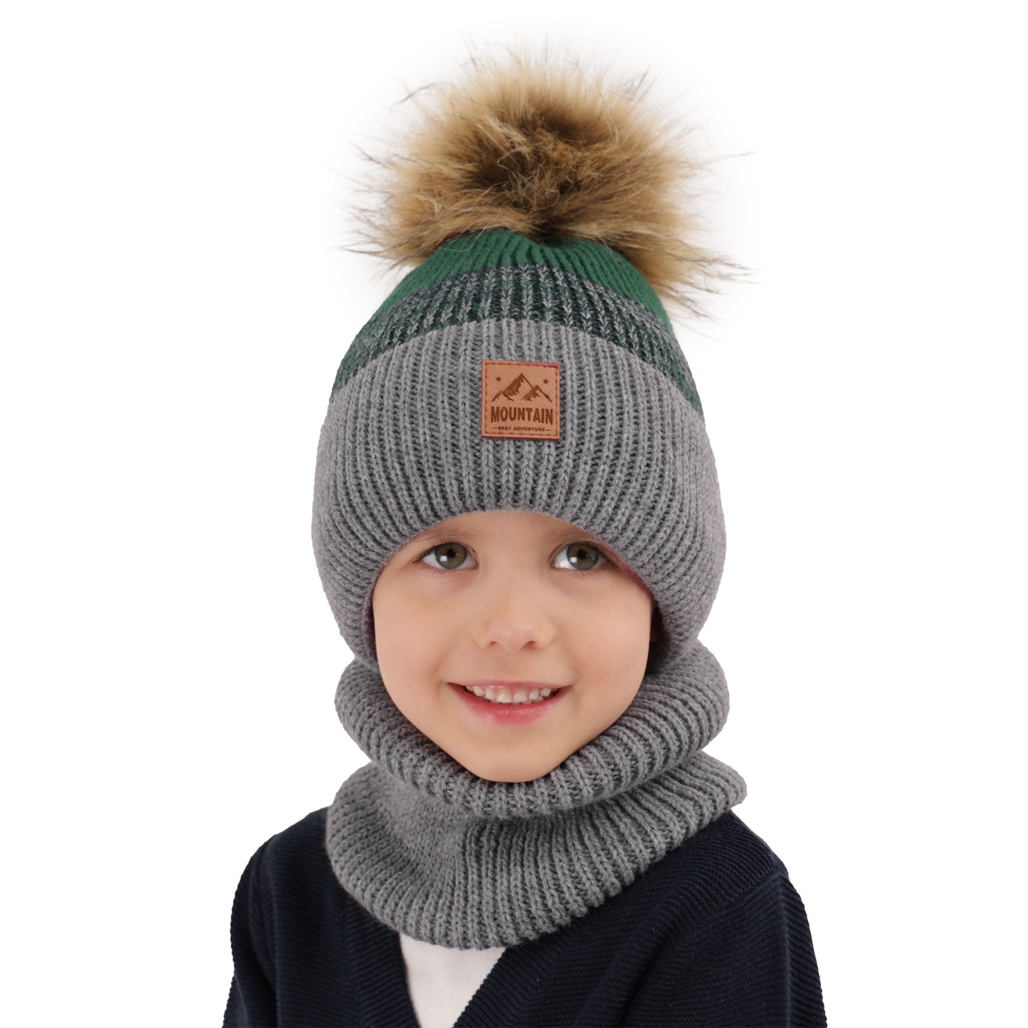 Ensemble d'hiver garçon: bonnet et snood, noir, avec pompon, Buffalo