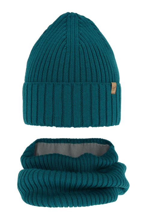 Ensemble d'hiver fille: bonnet et snood, vert, avec laine mérinos, Mesalia