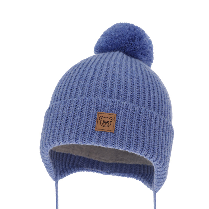 Bonnet d'hiver garçon, bleu, avec liens, 100% Laine Mérinos Extrafine, doublé de polaire, Tofik