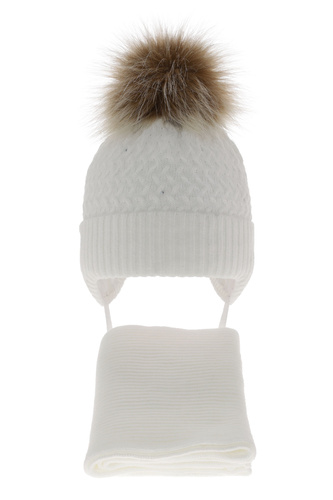 Ensemble d'hiver fille: bonnet et écharpe, blanc, avec pompon, avec liens, Zelta