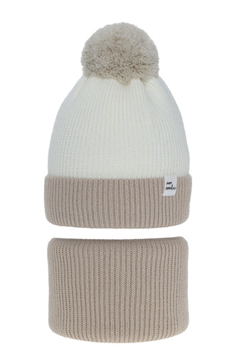 Ensemble d'hiver fille: bonnet et snood, beige, avec pompon, Rosalin