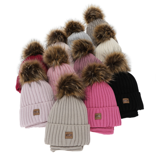 Ensemble d'hiver fille: bonnet et snood, rose, doublé de polaire, avec laine mérinos, Bellina