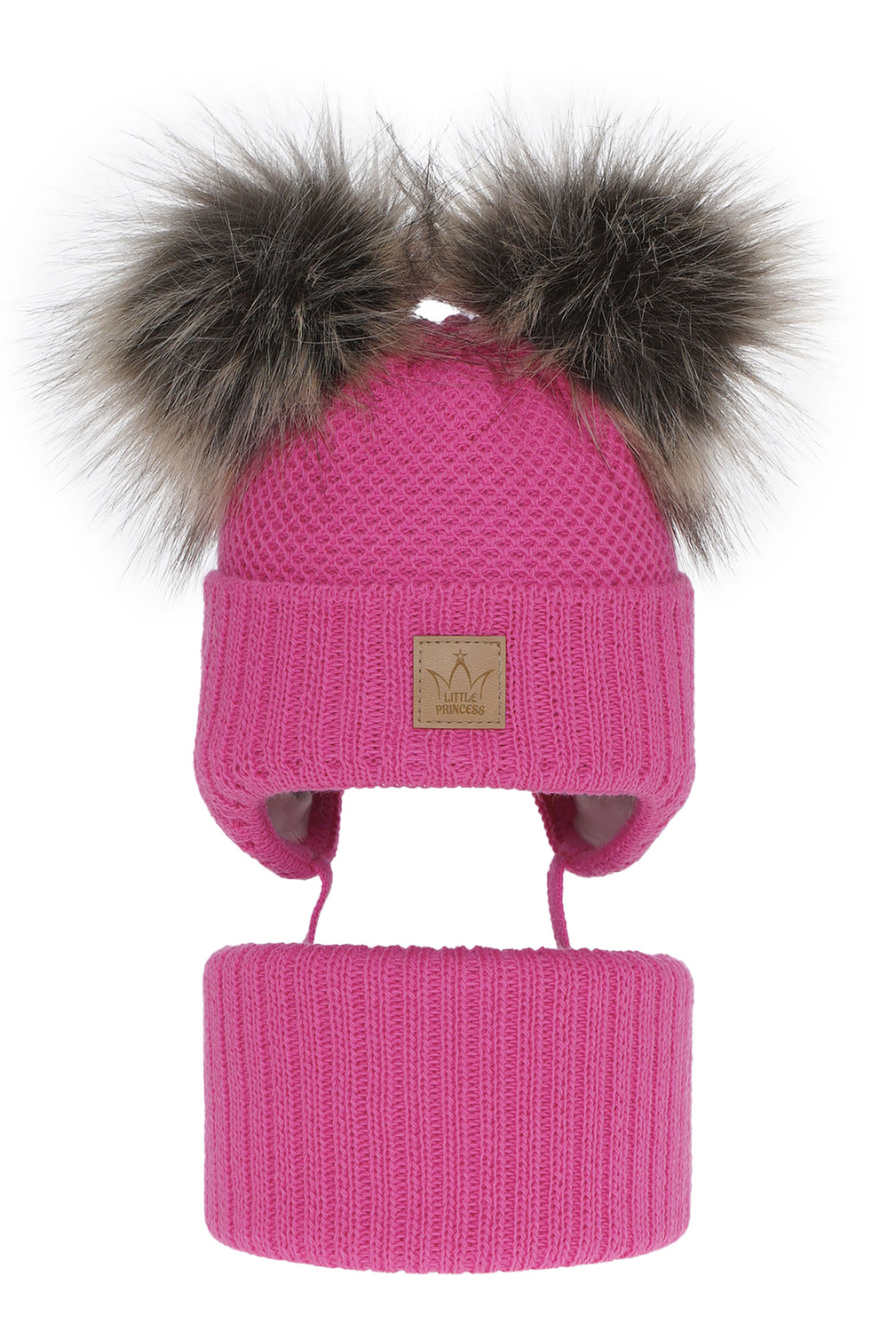 Ensemble d'hiver fille: bonnet et snood, rose, avec deux pompons, avec liens, Minsi