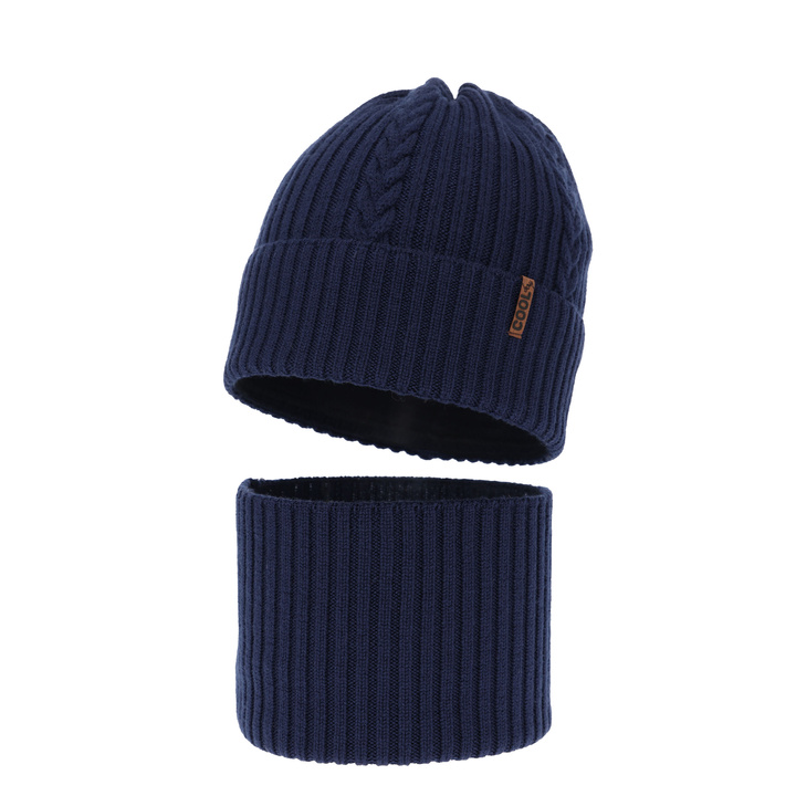 Ensemble d'hiver garçon: bonnet et snood, bleu marine, avec laine mérinos, Wilson