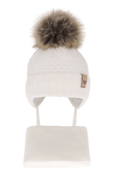 Ensemble d'hiver fille: bonnet et écharpe, blanc, avec pompon, avec liens, Bianca