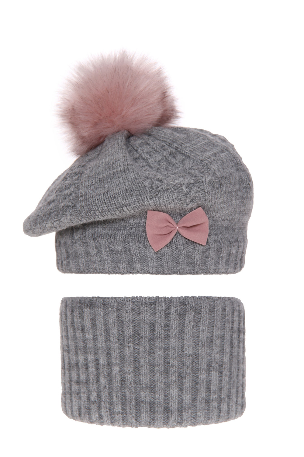 Ensemble d'hiver fille: beret et snood, gris, avec pompon, Amora