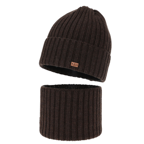 Ensemble d'hiver garçon: bonnet et snood, brązowy, 100% Laine Mérinos, Umberto