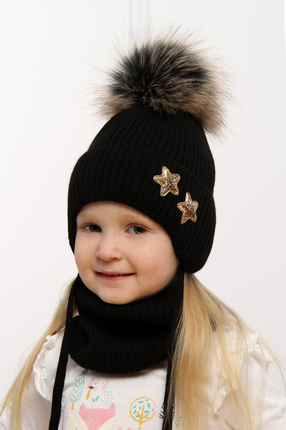 Ensemble d'hiver fille: bonnet et snood, gris, avec liens, Delicja