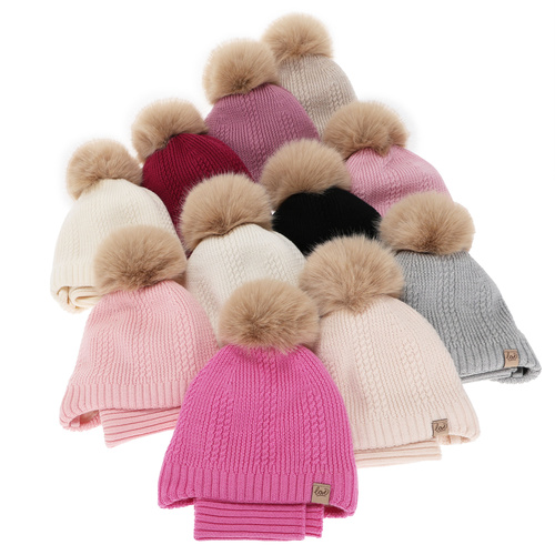 Ensemble d'hiver fille (bonnet et snood), beige, 100% Laine Mérinos, doublé de polaire en laine, avec liens Danielle