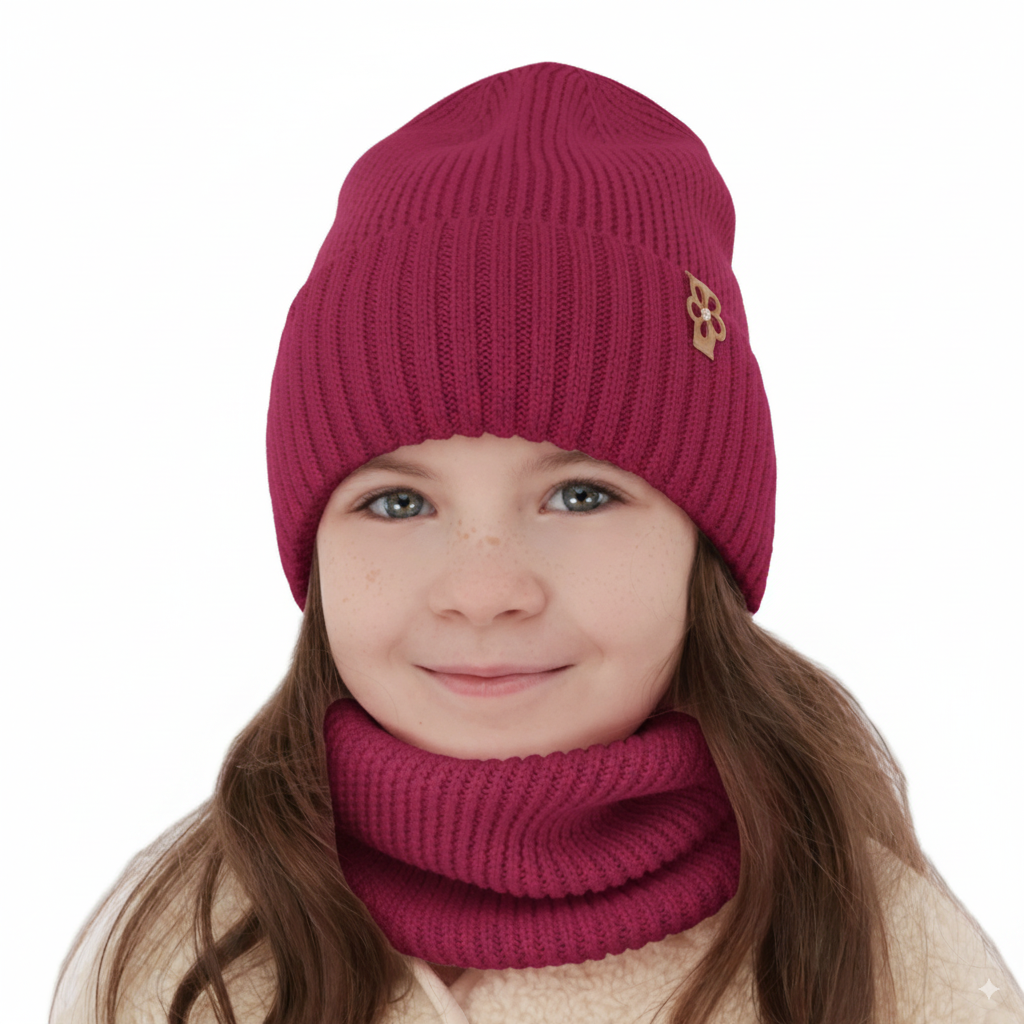 Ensemble d'hiver fille: bonnet et snood, amarantowy, avec laine mérinos, Nelita