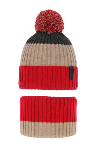 Ensemble d'hiver garçon: bonnet et snood, rouge, avec pompon, Karson